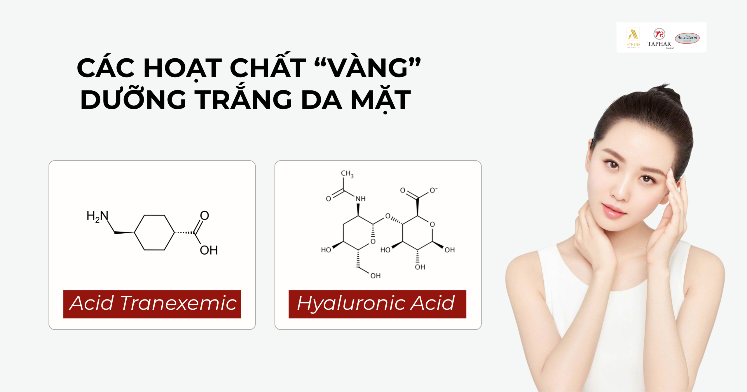 Infographic so sánh Acid Tranexemic và Hyaluronic Acid hỗ trợ mờ thâm và cấp ẩm cho da