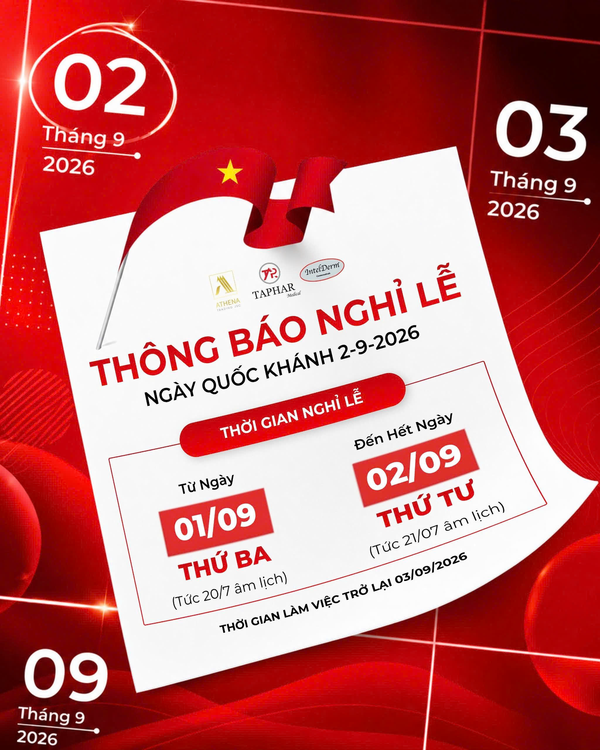 IntelDerm+ thông báo lịch nghỉ lễ Quốc khánh 2/9/2026