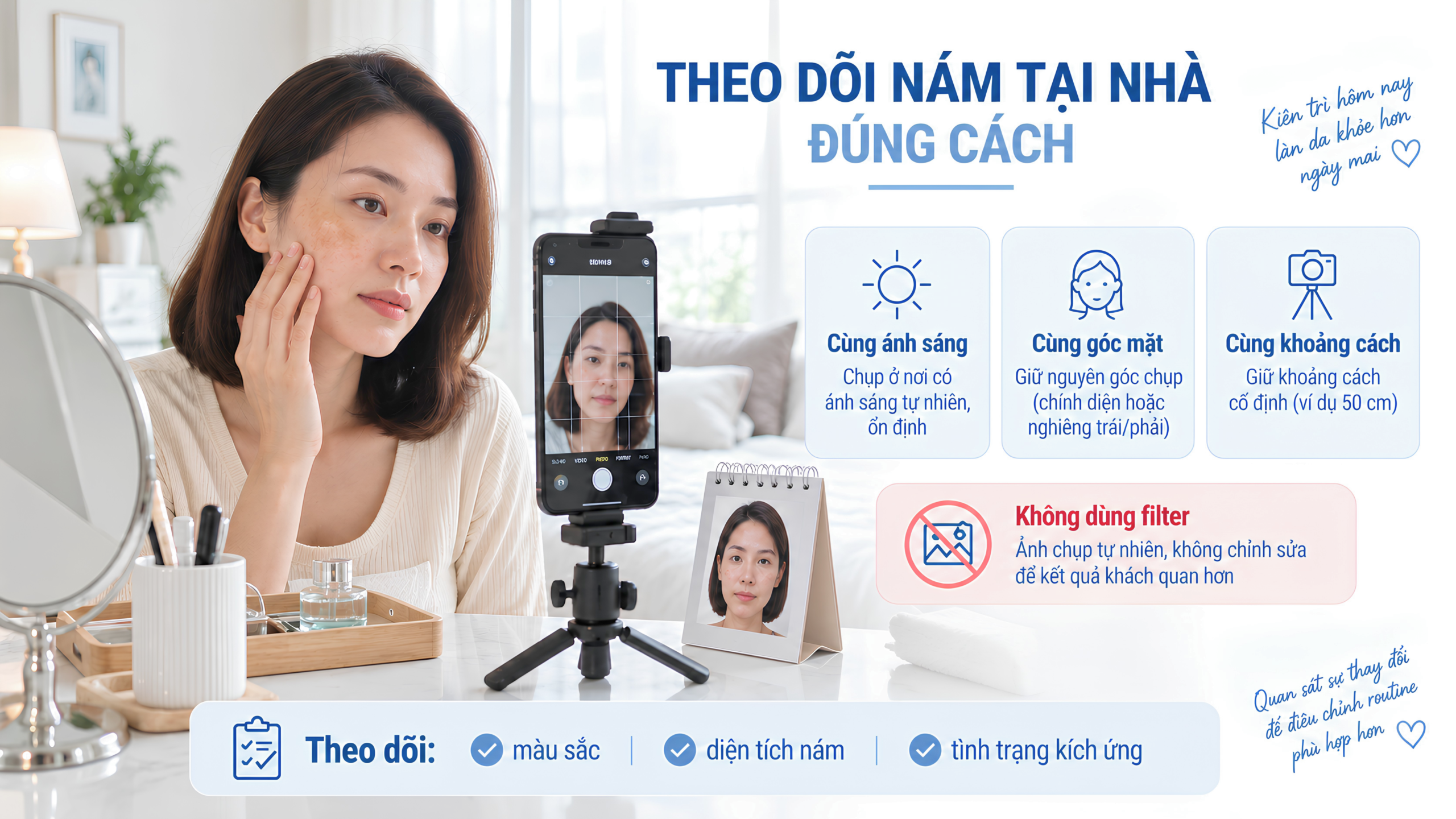 Cách theo dõi nám tại nhà bằng ảnh trước sau cùng điều kiện ánh sáng